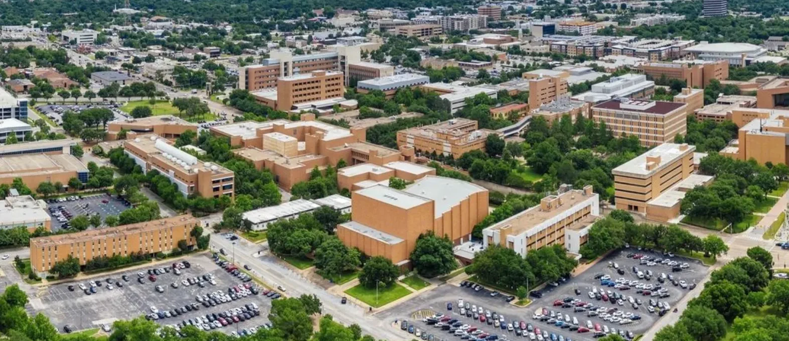 Aerial view of UTA campus near L'Abri apartments in Arlington