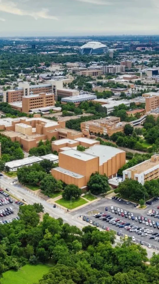 Aerial view of UTA campus near L'Abri apartments in Arlington